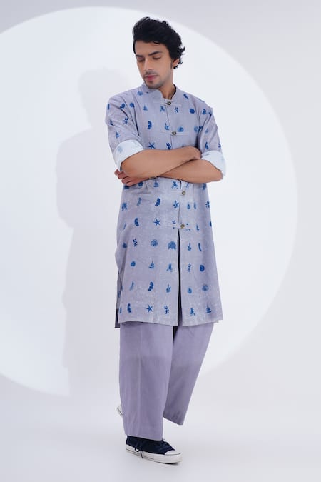 Buy_Jajaabor_Grey Linen Marine Print Kurta With Pant _Online_at_Aza_Fashions