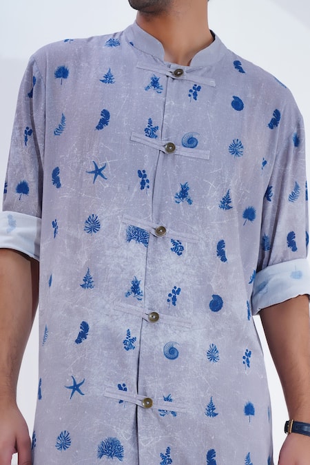 Shop_Jajaabor_Grey Linen Marine Print Kurta With Pant _Online_at_Aza_Fashions