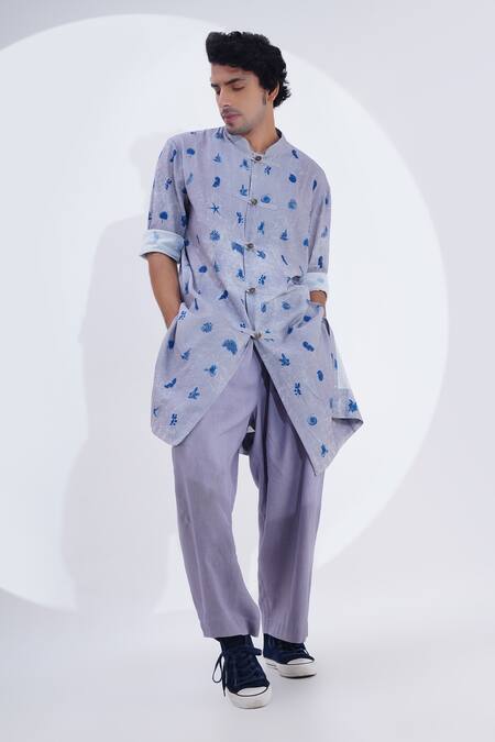 Jajaabor_Grey Linen Marine Print Kurta With Pant _at_Aza_Fashions