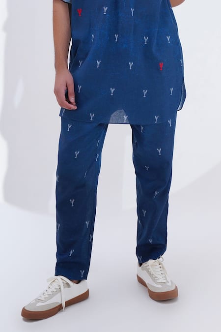 Jajaabor_Blue Linen Lobster Print Kurta With Pant _Online_at_Aza_Fashions