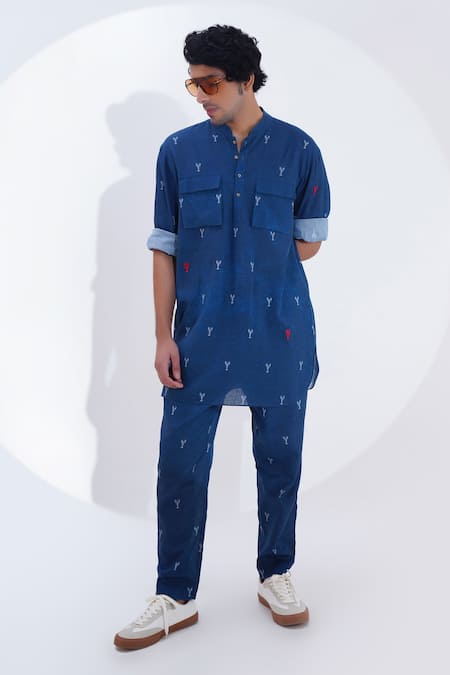 Buy_Jajaabor_Blue Linen Lobster Print Kurta With Pant _Online_at_Aza_Fashions