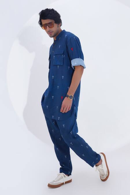 Shop_Jajaabor_Blue Linen Lobster Print Kurta With Pant _Online_at_Aza_Fashions
