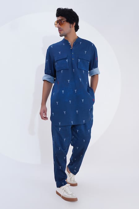 Jajaabor_Blue Linen Lobster Print Kurta With Pant _at_Aza_Fashions