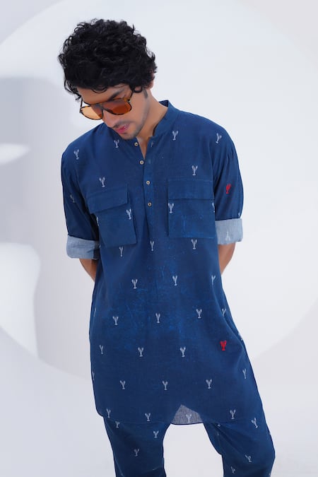 Buy_Jajaabor_Blue Linen Lobster Print Kurta With Pant 