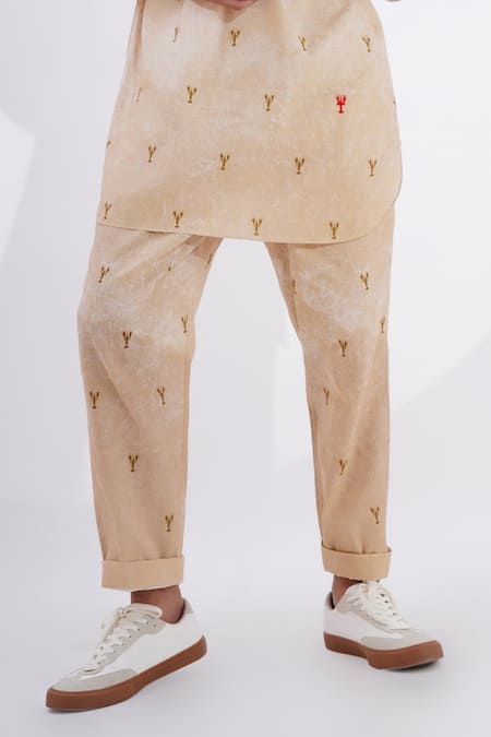 Jajaabor_Beige Linen Lobster Print Kurta With Pant _Online_at_Aza_Fashions