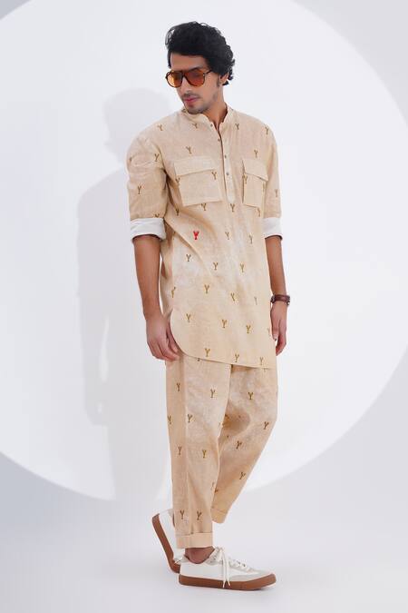 Buy_Jajaabor_Beige Linen Lobster Print Kurta With Pant _Online_at_Aza_Fashions