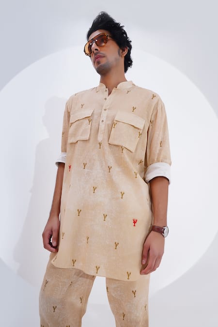 Shop_Jajaabor_Beige Linen Lobster Print Kurta With Pant _Online_at_Aza_Fashions