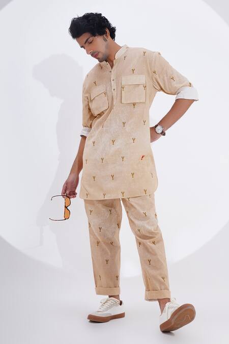 Jajaabor_Beige Linen Lobster Print Kurta With Pant _at_Aza_Fashions