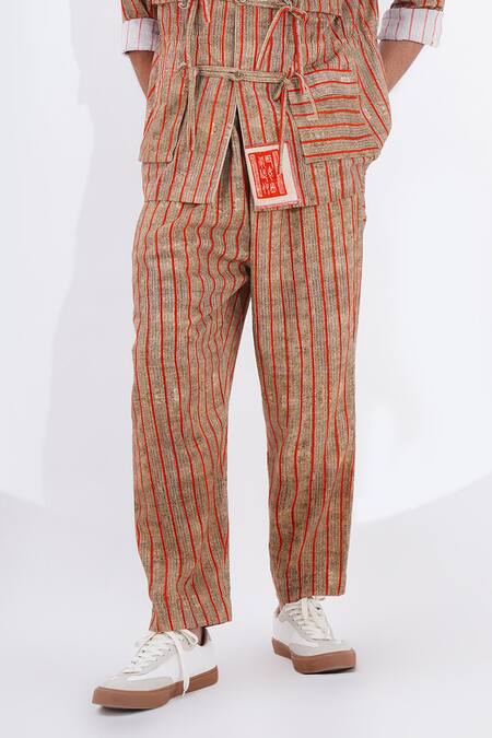 Jajaabor Brown Linen Textured Stripe Print Shirt With Pant Online at Aza Fashions Jajaabor_Brown Linen Textured Stripe Print Shirt With Pant _Online_at_Aza_Fashions