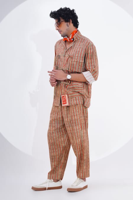 Buy_Jajaabor_Brown Linen Textured Stripe Print Shirt With Pant _Online_at_Aza_Fashions