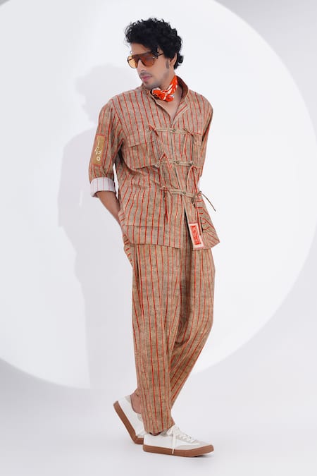 Shop_Jajaabor_Brown Linen Textured Stripe Print Shirt With Pant _Online_at_Aza_Fashions