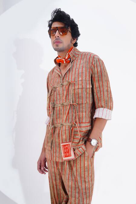Jajaabor_Brown Linen Textured Stripe Print Shirt With Pant _at_Aza_Fashions