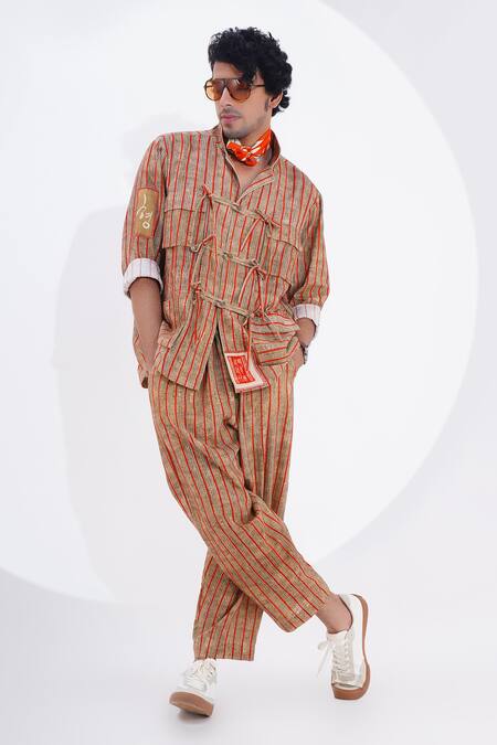 Buy_Jajaabor_Brown Linen Textured Stripe Print Shirt With Pant 