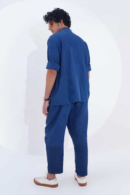 Shop_Jajaabor_Blue Linen Printed Calligraphy Placed Shirt With Pant _at_Aza_Fashions