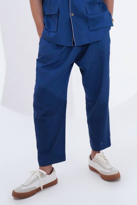 Jajaabor_Blue Linen Printed Calligraphy Placed Shirt With Pant _Online_at_Aza_Fashions