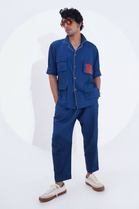 Buy_Jajaabor_Blue Linen Printed Calligraphy Placed Shirt With Pant _Online_at_Aza_Fashions
