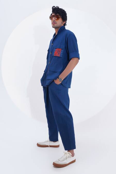 Shop_Jajaabor_Blue Linen Printed Calligraphy Placed Shirt With Pant _Online_at_Aza_Fashions