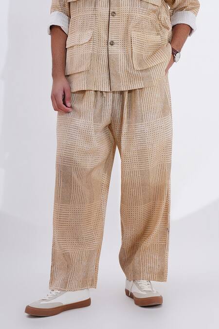 Jajaabor_Beige Linen Printed Dot Shirt With Pant _Online_at_Aza_Fashions