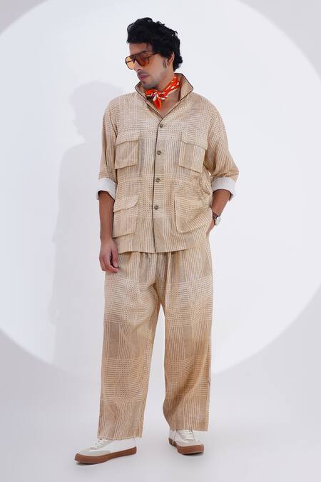 Buy_Jajaabor_Beige Linen Printed Dot Shirt With Pant _Online_at_Aza_Fashions