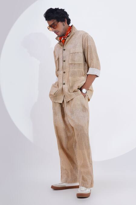 Shop_Jajaabor_Beige Linen Printed Dot Shirt With Pant _Online_at_Aza_Fashions