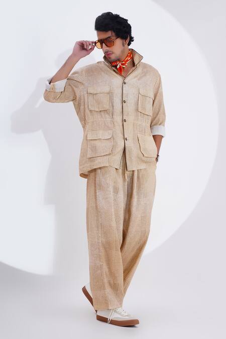 Jajaabor_Beige Linen Printed Dot Shirt With Pant _at_Aza_Fashions