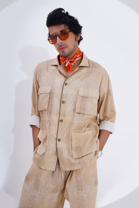 Buy_Jajaabor_Beige Linen Printed Dot Shirt With Pant 