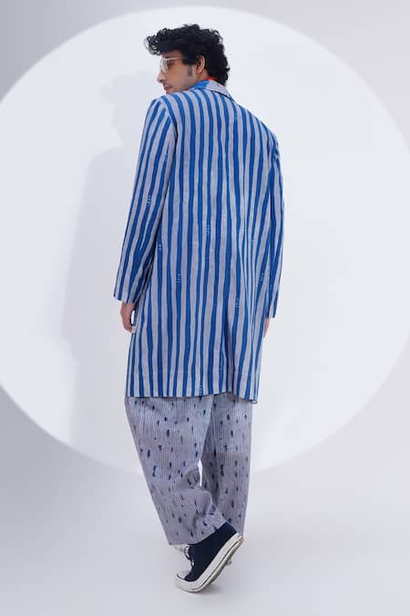 Shop_Jajaabor_Blue Linen Print Stripe Pattern Long Jacket _at_Aza_Fashions
