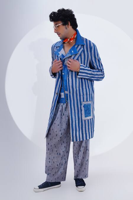 Jajaabor_Blue Linen Print Stripe Pattern Long Jacket _Online_at_Aza_Fashions