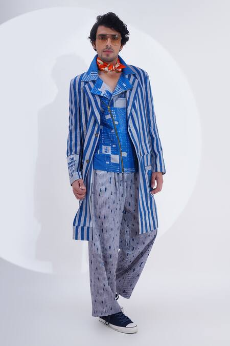 Buy_Jajaabor_Blue Linen Print Stripe Pattern Long Jacket _Online_at_Aza_Fashions