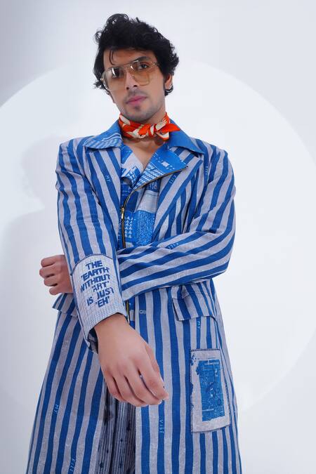 Shop_Jajaabor_Blue Linen Print Stripe Pattern Long Jacket _Online_at_Aza_Fashions