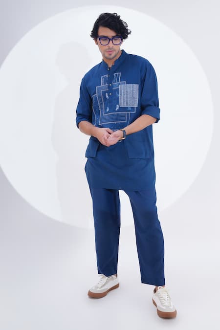 Jajaabor Blue Linen Patchwork Abstract Work Kurta With Pant 