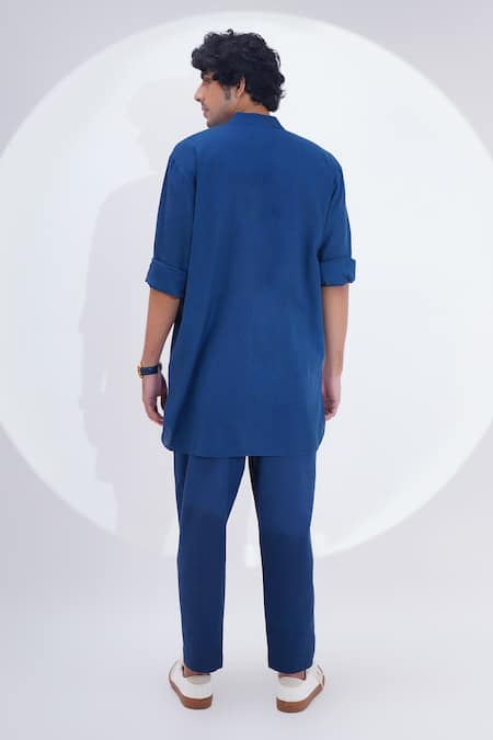 Shop Jajaabor Blue Linen Patchwork Abstract Work Kurta With Pant at Aza Fashions Shop_Jajaabor_Blue Linen Patchwork Abstract Work Kurta With Pant _at_Aza_Fashions