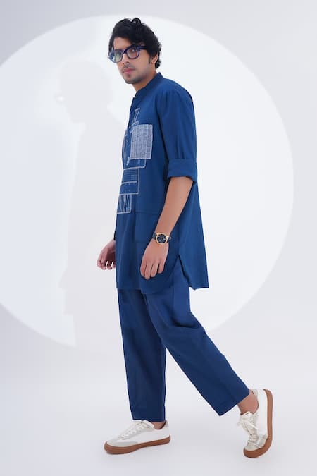 Buy Jajaabor Blue Linen Patchwork Abstract Work Kurta With Pant Online at Aza Fashions Buy_Jajaabor_Blue Linen Patchwork Abstract Work Kurta With Pant _Online_at_Aza_Fashions