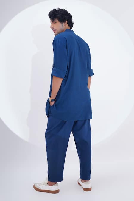 Shop_Jajaabor_Blue Linen Patchwork Abstract Work Kurta With Pant _Online_at_Aza_Fashions