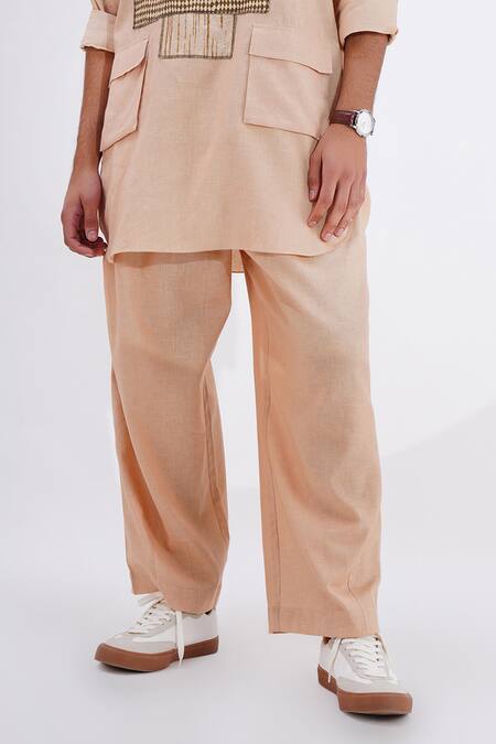 Jajaabor_Beige Linen Patchwork Geometric Abstract Work Kurta With Pant _Online_at_Aza_Fashions