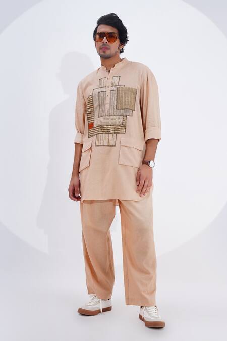 Buy_Jajaabor_Beige Linen Patchwork Geometric Abstract Work Kurta With Pant _Online_at_Aza_Fashions