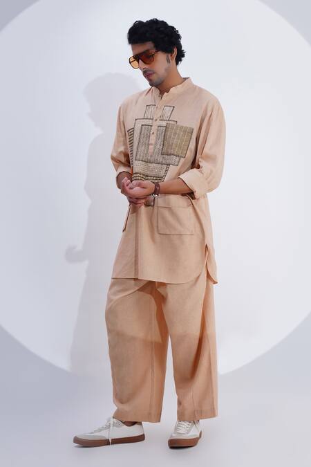 Shop_Jajaabor_Beige Linen Patchwork Geometric Abstract Work Kurta With Pant _Online_at_Aza_Fashions