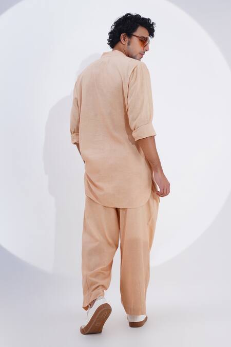 Jajaabor_Beige Linen Patchwork Geometric Abstract Work Kurta With Pant _at_Aza_Fashions