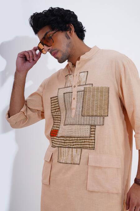 Buy_Jajaabor_Beige Linen Patchwork Geometric Abstract Work Kurta With Pant 