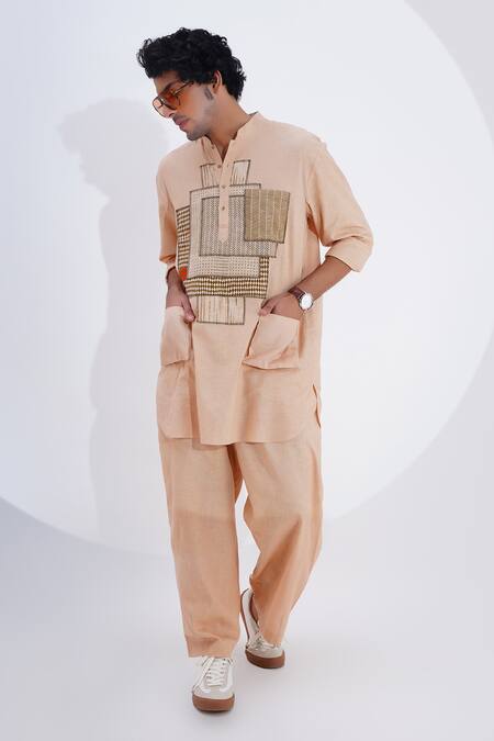 Shop_Jajaabor_Beige Linen Patchwork Geometric Abstract Work Kurta With Pant 