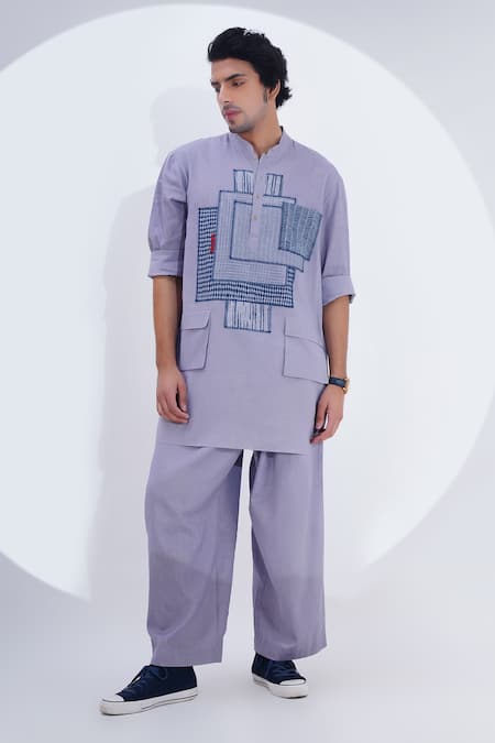 Jajaabor Grey Linen Patchwork Abstract Geometric Work Kurta With Pant 