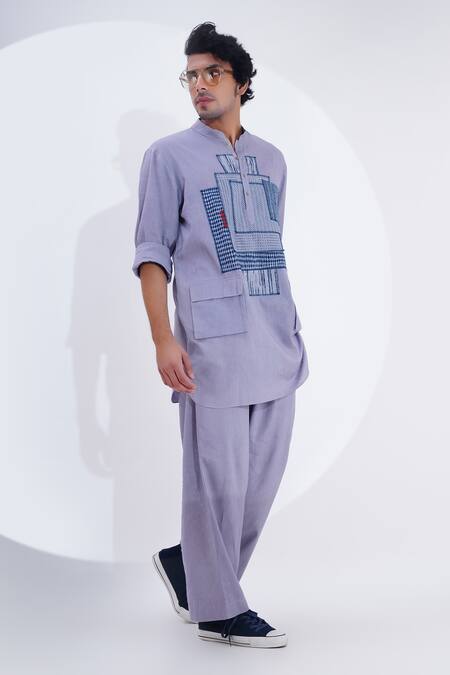 Jajaabor Grey Linen Patchwork Abstract Geometric Work Kurta With Pant  5