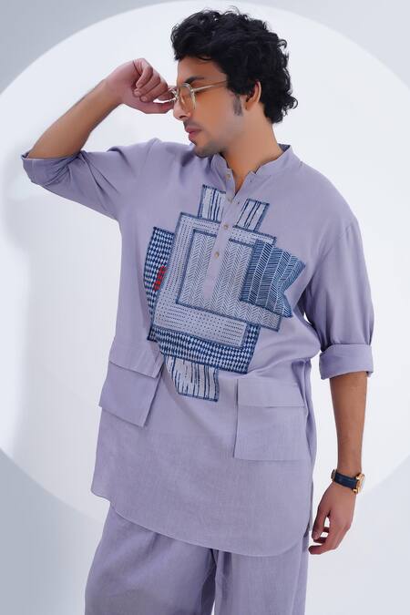 Jajaabor Grey Linen Patchwork Abstract Geometric Work Kurta With Pant  6