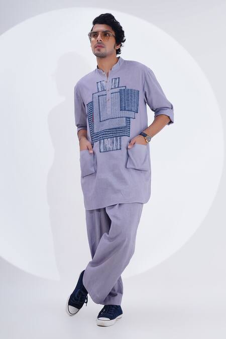 Jajaabor Grey Linen Patchwork Abstract Geometric Work Kurta With Pant  7