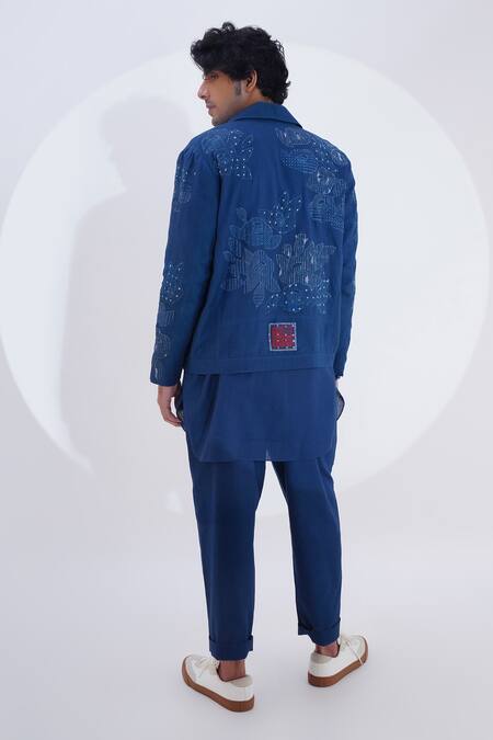 Shop_Jajaabor_Blue Linen Patchwork Floral Embroidered Jacket _at_Aza_Fashions