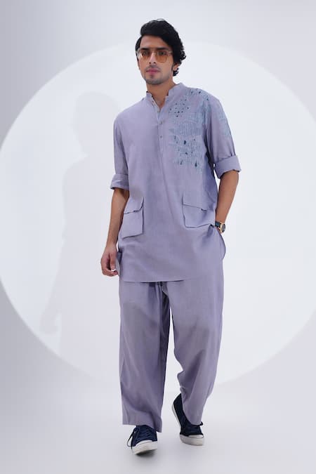 Jajaabor Grey Linen Patchwork Floral Work Kurta With Pant 