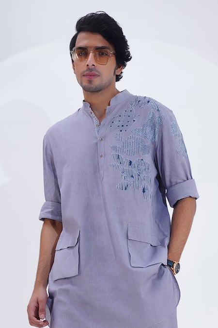 Buy Jajaabor Grey Linen Patchwork Floral Work Kurta With Pant Online at Aza Fashions Buy_Jajaabor_Grey Linen Patchwork Floral Work Kurta With Pant _Online_at_Aza_Fashions
