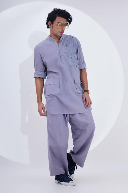 Shop_Jajaabor_Grey Linen Patchwork Floral Work Kurta With Pant _Online_at_Aza_Fashions