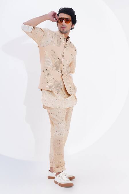 Jajaabor_Beige Linen Patchwork Abstract Bundi _Online_at_Aza_Fashions