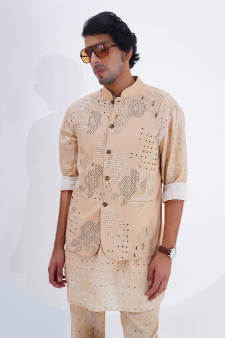Shop_Jajaabor_Beige Linen Patchwork Abstract Bundi _Online_at_Aza_Fashions